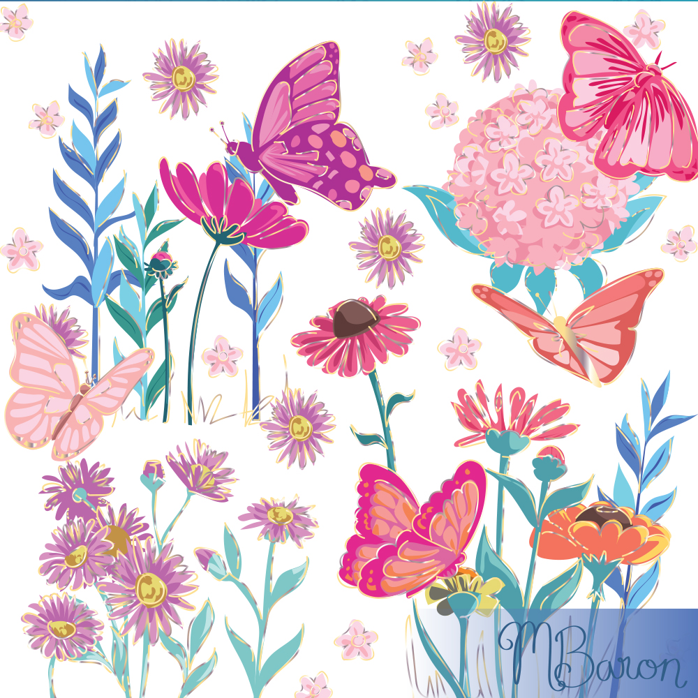 Michelle Baron illustration pink floral butterfly pattern swatch